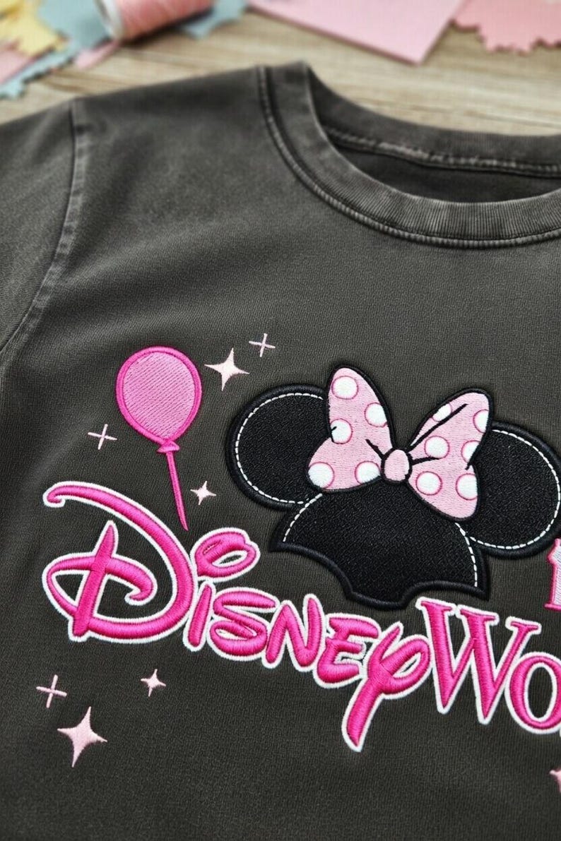 May include: Dark gray t-shirt featuring a Minnie Mouse design with a pink polka-dot bow and the words "Disney World" in pink. A pink balloon and stars are also embroidered on the shirt.
