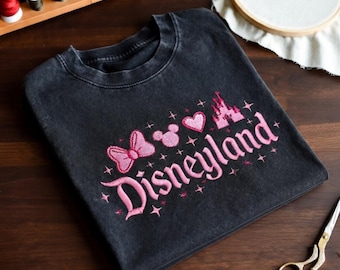 Hand Embroidered Disneyland Pink Script Shirt, Acid Wash Disney Tshirt With Castle Bow And Mickey Head, Personalized Magical Park Vacation