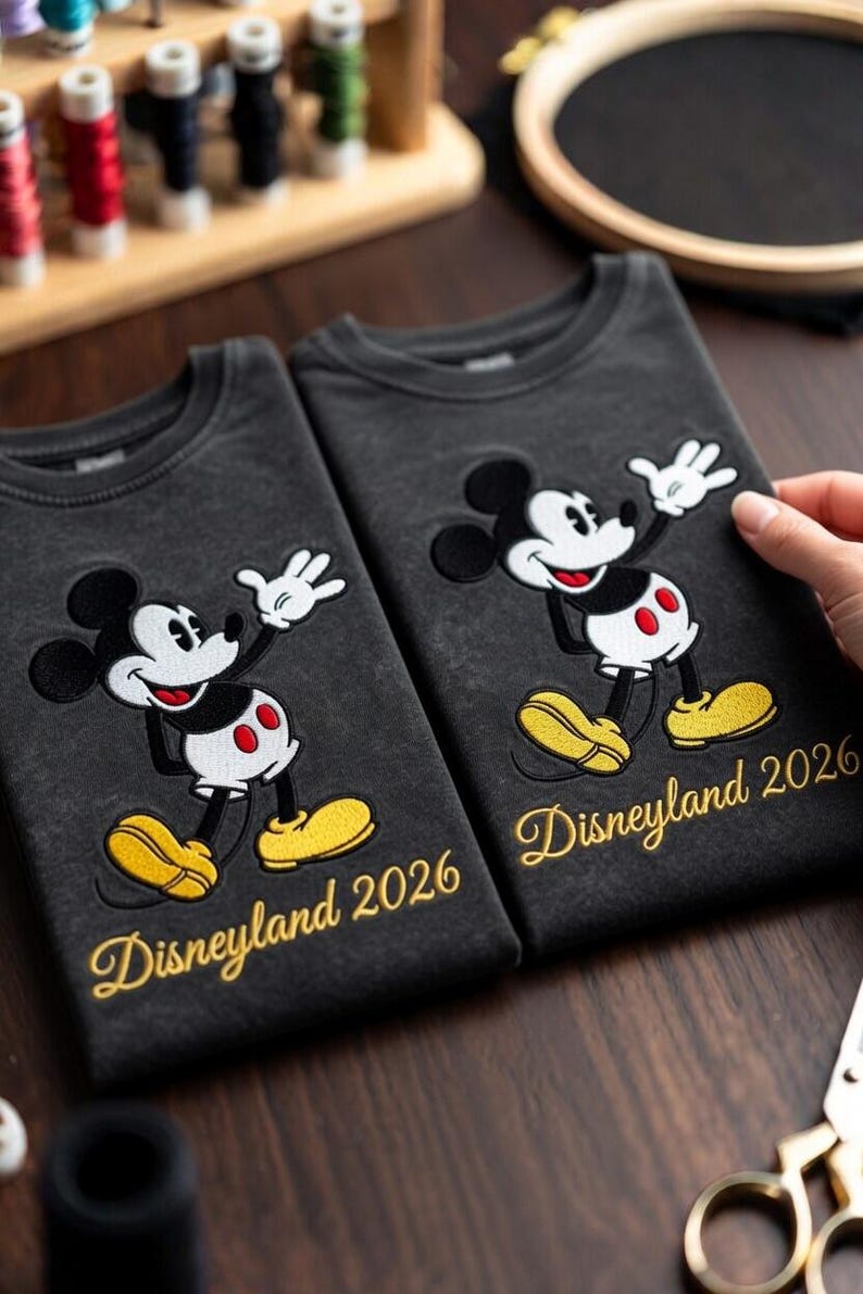 May include: Two dark gray t-shirts with an embroidered Mickey Mouse design. The design features Mickey Mouse in his classic pose with yellow shoes and red shorts. The text "Disneyland 2026" is embroidered in gold.