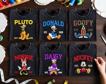 Embroidered Mickey and Friend Shirt, Vintage Acid Wash Tee, Retro Minnie Donald Daisy Pluto Goofy Embroidered Tshirt, Aesthetic Park Apparel