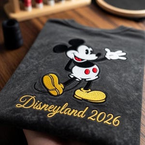May include: Dark gray t-shirt featuring an embroidered Mickey Mouse design in black, white, red, and yellow. The text "Disneyland 2026" is embroidered in gold script. The shirt is displayed on a wooden surface.