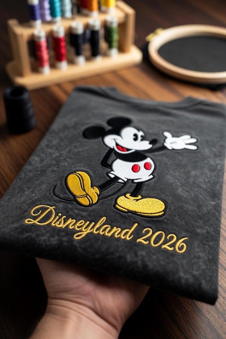 May include: Dark gray t-shirt featuring an embroidered Mickey Mouse design in black, white, red, and yellow. The text "Disneyland 2026" is embroidered in gold script. The shirt is displayed on a wooden surface.
