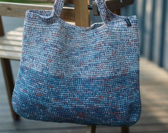 Large handmade crochet shopping tote bag of natural materials