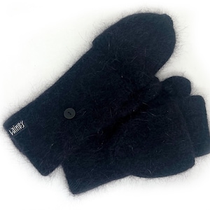 Convertible Mittens / Knit Angora Wool Black Mittens / Hand-knitted and Felted Mittens
