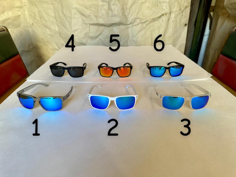 Pu&ograve; includere: Un assortimento di occhiali da sole con vari colori di montatura e lenti. Gli occhiali da sole includono lenti nere, arancioni e blu, con montature nere, bianche e trasparenti. L'immagine &egrave; numerata da 1 a 6.