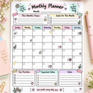 May include: A white monthly planner sheet with pastel-colored headers and sections. It features a calendar grid, spaces for goals, focus, priorities, and notes. The design includes small illustrations of hearts, stars, and flowers with the text Monthly Planner.
