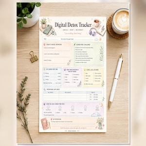 May include: A rectangular Digital Detox Tracker paper sheet featuring sections for daily intentions, screen-free challenges, app usage, and mood tracking. The design includes pastel-colored boxes, floral illustrations, and text prompts to help monitor and reduce daily screen time usage.