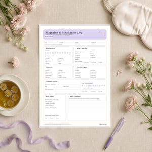 May include: A white paper Migraine & Headache Log with a purple header, featuring sections for pain snapshot, symptoms, triggers, treatment, and daily impact. The form includes checkboxes and scales to track headache frequency, duration, and intensity.