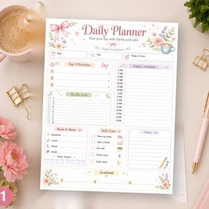 May include: A daily planner sheet featuring the text Daily Planner, Plan your day with clarity and calm, and Aanne Creations. The layout includes sections for Top 3 Priorities, To-Do List, Today's Schedule, Meals & Water, Self-Care, and Gratitude.