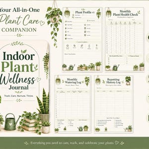 Op de afbeelding: Een Indoor Plant Wellness Journal met een omslag voorzien van botanische illustraties en de tekst Your All-in-One Plant Care Companion. Bevat pagina's voor plantenprofielen, maandelijkse gezondheidschecks, watergeeflogboeken en verpotgeschiedenis.