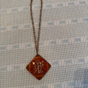 Vintage 1970s Monkey Pod Wood Pendant Necklace Frontier Key Arrow Tomahawk MCM Boho