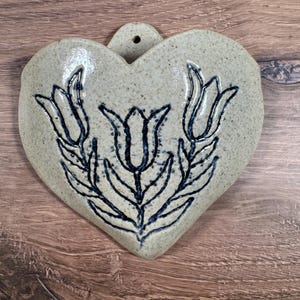 Signed Studio Pottery Heart Wall Pocket, Handmade Tulip Floral Hanging Vase, Small Ceramic Wall Planter, Cottage Folk Art Decor