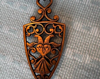 Vintage Copper Distelfink Trivet, Pennsylvania Dutch Heart & Bird Cast Iron Decor