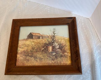 Vintage Wayne Cooper Barn Landscape Print in Rustic Wood Frame 12x10 Farmhouse Art