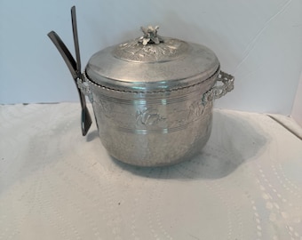 Rare Vintage 1950s Forman Family Ice Bucket with Dial a Cocktail Recipe Lid and Tongs Mid Century Modern Nautical Hammered Aluminum Barware