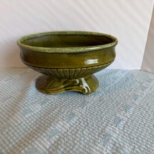 Vintage Green Drip Glaze Pedestal Planter, Mid Century Modern Ribbed Oval Bowl, 1960s Retro Avocado Pottery, Scroll Base Succulent Pot