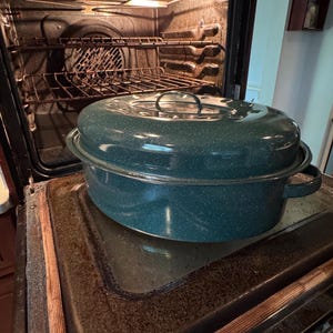 May include: A teal speckled roasting pan with a lid sits inside an open oven. The oven interior is dark with a light illuminating the top. The pan has handles on either side. The oven door is open, revealing the interior.
