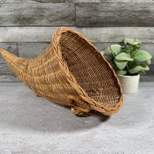 May include: A light brown woven wicker cornucopia basket with a curved, horn-shaped design. The basket features a wide, open mouth that tapers to a pointed end, constructed with a detailed lattice weave pattern and small, coiled decorative feet.