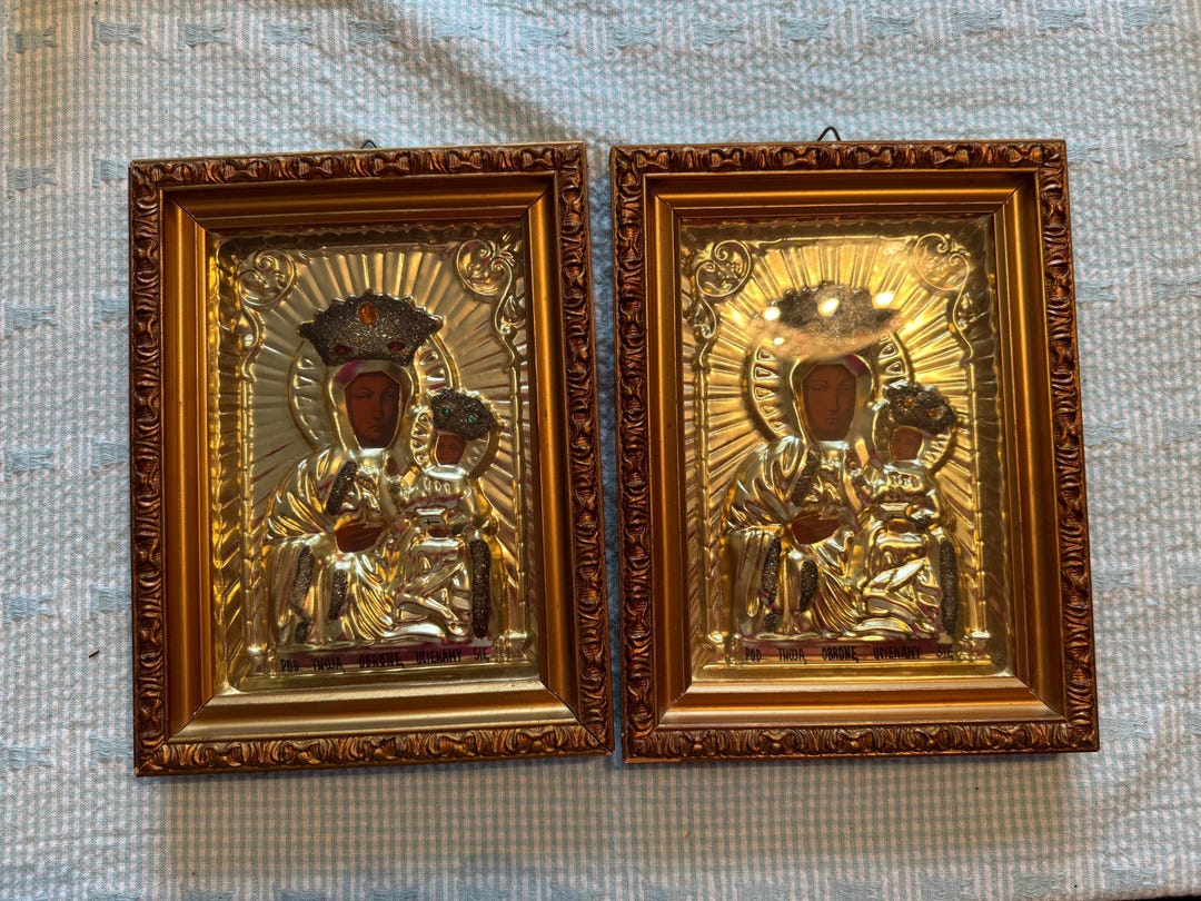 Pair of Vintage Our Lady of Czestochowa Icons Veritas Poland Gold Riza ...