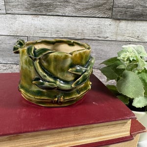 Vintage Green Art Pottery Mini Cachepot, Applied Bamboo Vine Planter, Handmade Botanical Pottery, Organic Rustic Decor