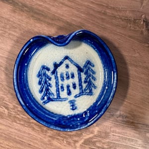 Vintage Blue and White Stoneware Spoon Rest, Signed Handmade Studio Pottery Cabin Trees Dish, Cobalt Blue Farmhouse Kitchen Decor