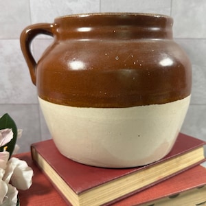 Vintage Robinson Ransbottom Bean Pot, Blue Crown 3 Quart Stoneware Crock, Brown and Cream, No Lid