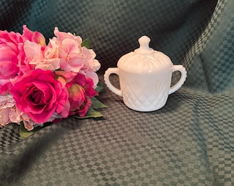 Vintage White Milk Glass Covered Sugar Bowl, Starburst Diamond Lidded Vanity Jar