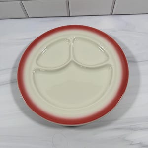 Vintage Buffalo China Red Rim Divided Grill Plate, 9.5 Inch Restaurant Ware, Mid Century Diner Plate, Ceramic Compartment Plate, Made in USA