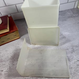 May include: A rectangular, off-white plastic storage container with an open top, accompanied by a matching flat lid and a separate, translucent, rectangular plastic divider piece that features a circular indentation and horizontal line details.
