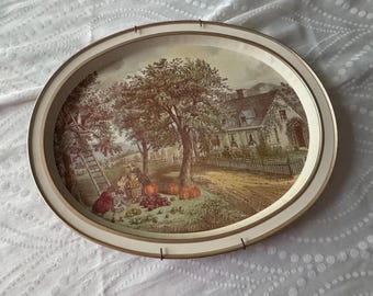 Vintage Currier & Ives American Homestead Autumn Oval Wall Plaque 14x11