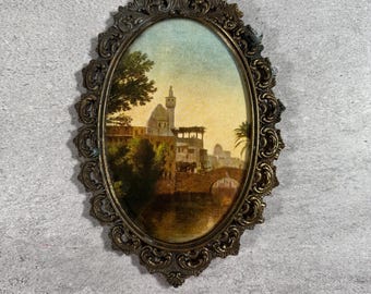 Vintage Oval Framed Landscape Print, Ornate Gold Tone Metal Frame, Small Bridge Scene Wall Art, 8 x 5