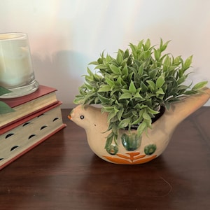 Vaso per piante a forma di uccello in ceramica, stile folk art vintage, fatto a mano, decorazione per mensole in stile cottagecore/farmhouse.