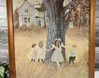 Vintage George Sottung Childhood Days Framed Lithograph, Children Around Tree Farmhouse Wall Art, 21.5 x 17.5