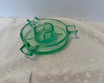 Cenicero Hazel Atlas 757 de vidrio de uranio verde / Molino de viento y tablero de ajedrez / Vidrio brillante de la época de la Gran Depresión de la década de 1930