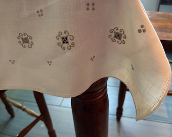 Vintage Embroidered Linen Table Topper 32.5 Inch Square Card Table Cloth