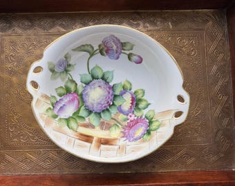 Antyczna, ręcznie malowana porcelanowa misa Noritake, wzór fioletowej piwonii i kratki koszykowej, naczynie z uchwytami w stylu art déco, japońska porcelana z lat 20. XX wieku