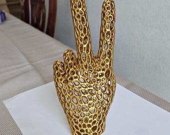 Peace Sign Hand Statue - Shimmering Gold color 3D printed sculpture - 7 inches