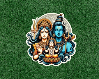May include: A colorful sticker featuring Hindu deities. The image depicts a central figure in a lotus position, flanked by two larger figures, all with blue skin and ornate gold and orange adornments. The background is a green, grassy texture.