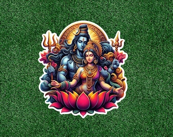 May include: A colorful sticker featuring a depiction of Hindu deities, Shiva and Parvati. The artwork showcases the couple in a loving embrace, seated on a lotus flower. The image is set against a green background, with intricate details and vibrant colors.