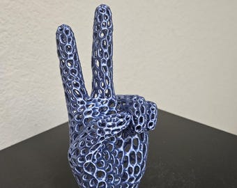 Peace Sign Hand Statue - Shimmering Silver Blue color 3D printed sculpture - 7 inches