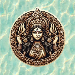 May include: A detailed illustration of a deity with a serene expression, adorned with elaborate jewelry and a crown. The figure holds a trident in each hand, set against a textured, light blue background. The artwork features intricate patterns and a warm color palette.