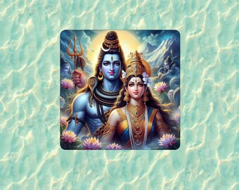 May include: A digital illustration of Hindu deities, Shiva and Parvati, surrounded by lotus flowers. Shiva is depicted with blue skin, holding a trident. Parvati wears a golden crown and jewelry. The background features mountains and other figures.