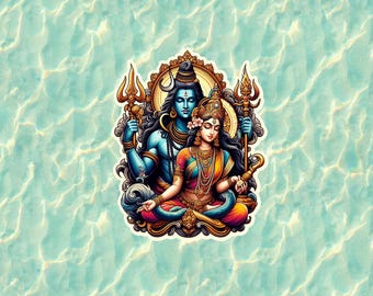 May include: A vibrant sticker featuring a depiction of Hindu deities, Shiva and Parvati. Shiva, with blue skin, holds a trident. Parvati is adorned with jewelry and flowers. The background is a light blue, water-like pattern, enhancing the spiritual theme.