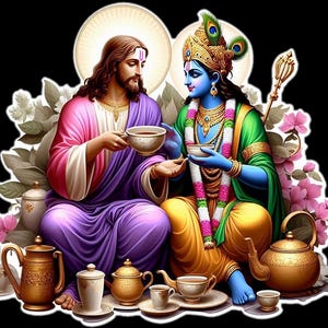 Puede incluir: Ilustración de dos figuras compartiendo té, una con túnicas moradas y rosas, la otra con amarillo y verde. Las teteras y tazas las rodean, con detalles florales y un fondo negro. Las figuras tienen halos.