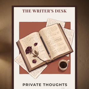 May include: A poster titled THE WRITER'S DESK and PRIVATE THOUGHTS featuring an open book with handwritten text, a dark rose, a pencil, and a cup of coffee on a rust-colored background. Several loose sheets of paper with cursive writing are layered underneath.