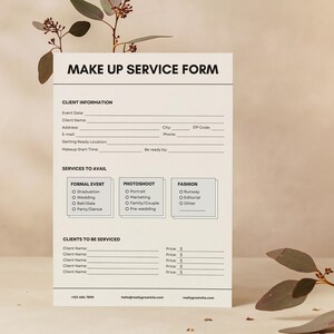 Puede incluir: Un formulario de servicio de maquillaje con el título "MAKE UP SERVICE FORM". El formulario incluye secciones para información del cliente, servicios a disposición y clientes a atender. El formulario es blanco con texto negro.