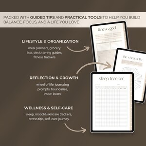 May include: Digital planner templates on tablets, including a fitness goal tracker, sleep tracker, and wheel of life. The image includes text about lifestyle, reflection, and wellness, with tips and tools for balance and focus.