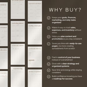 Op de afbeelding: Een verzameling beige, bedrukbare plannerpagina's met titels als "New Product Planner" en "Keyword Worksheet". De tekst "WHY BUY?" wordt weergegeven met opsommingstekens die de voordelen van de planner benadrukken.