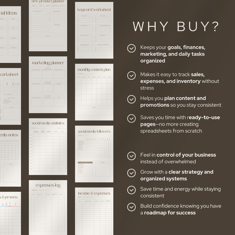 Op de afbeelding: Een verzameling beige, bedrukbare plannerpagina's met titels als "New Product Planner" en "Keyword Worksheet". De tekst "WHY BUY?" wordt weergegeven met opsommingstekens die de voordelen van de planner benadrukken.