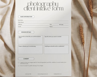 Photography Intake Template Editable Canva Business Form Professional Studio Document Simple One Page Client Questionnaire Digital Download